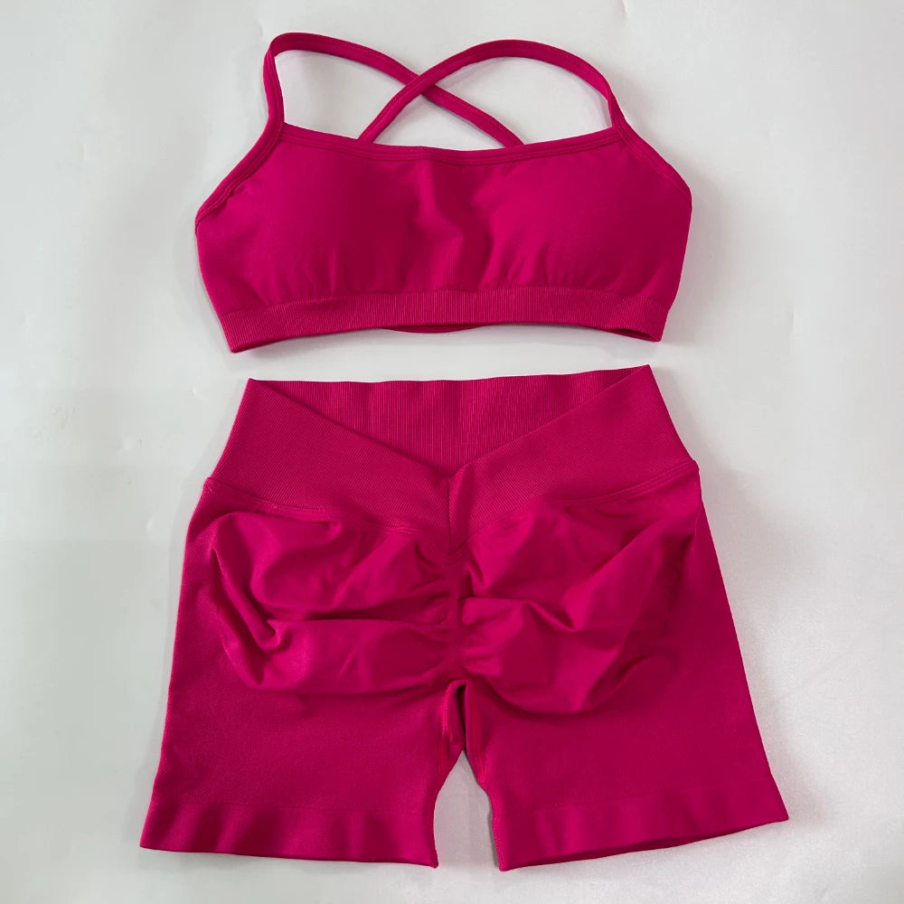 Women's Cross Strap Bra And Shorts Yoga Set