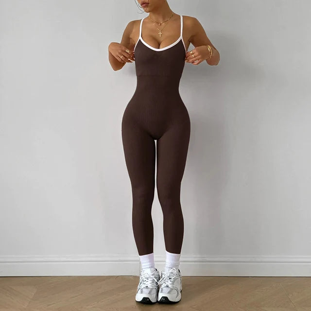 Women's Ribbed Nylon Blend Workout Jumpsuit with Contrast Crisscross Straps