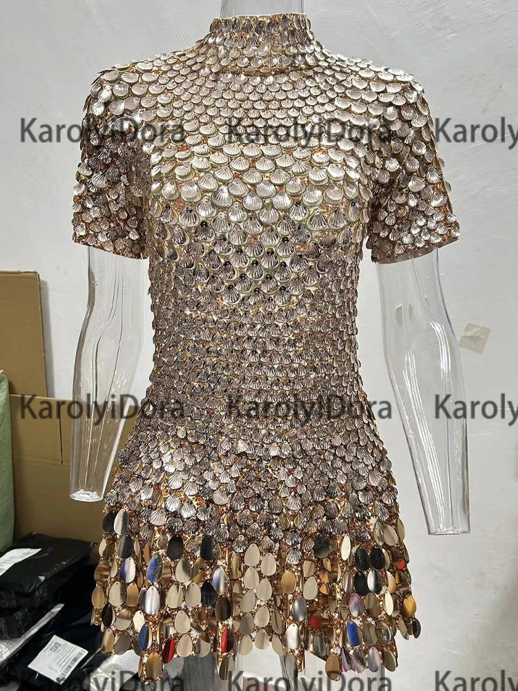 Women's Disc Sequin Mini Dance Dress with Short Sleeves and High Neck