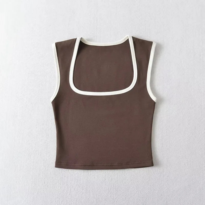 Women's Square Neck Crop Top with Contrast Trim and Cropped Length
