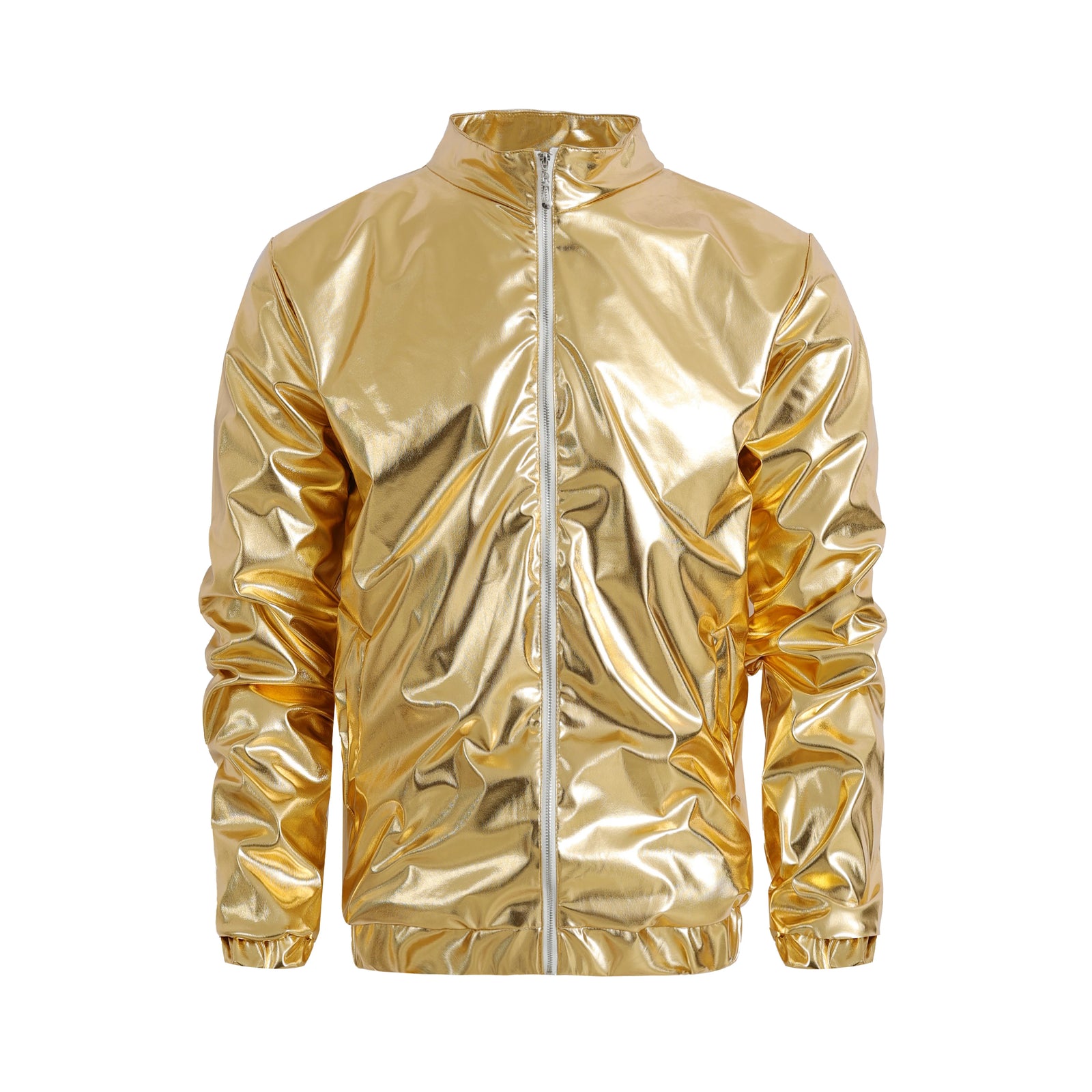Metallic Finish Long Sleeve Front Zip Casual Bomber Jacket