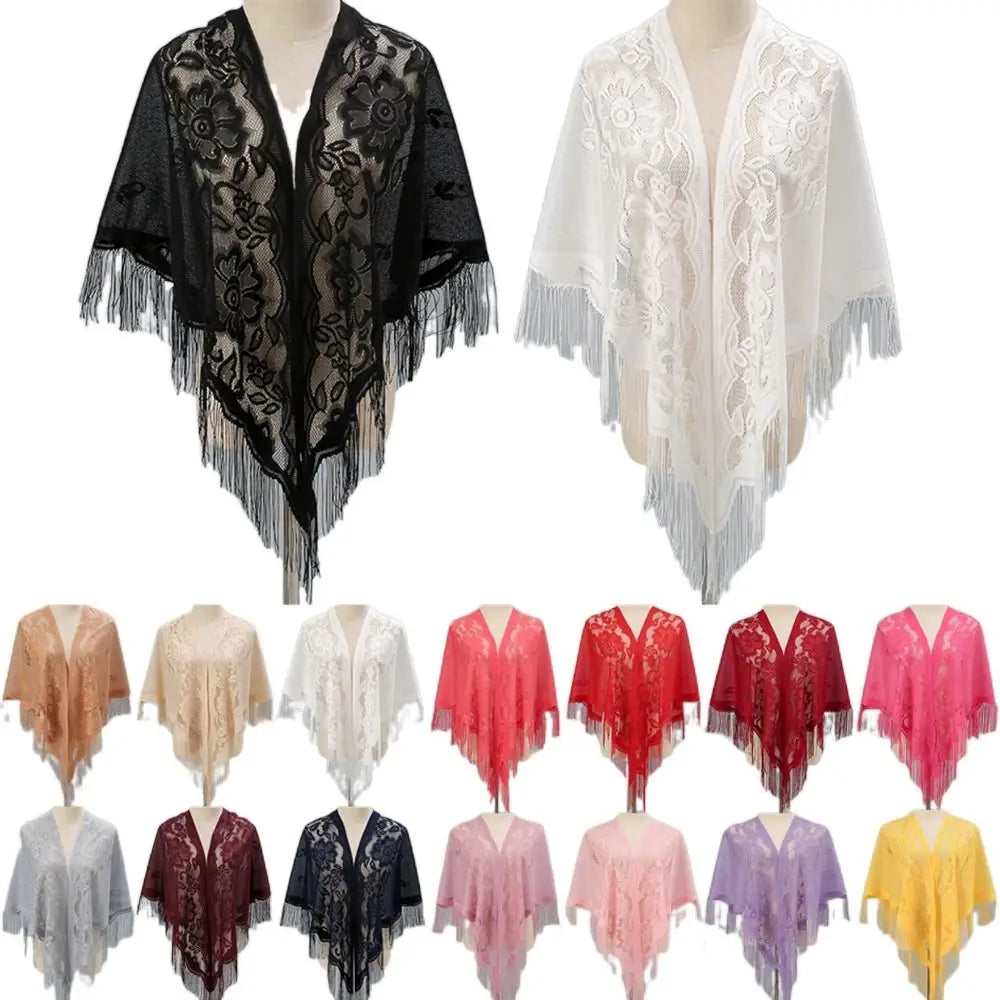 Floral Lace Fringed Wrap Scarf for Layering over Outfits