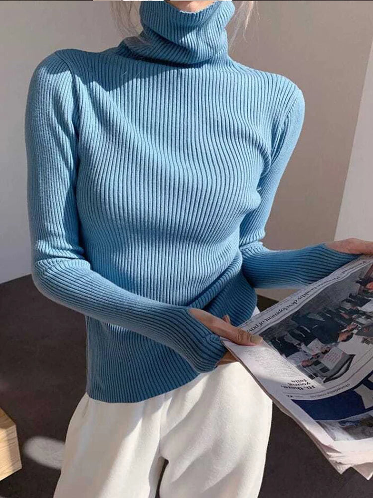 Women's Ribbed Roll Neck Long Sleeve Sweater Casual Knit Layer