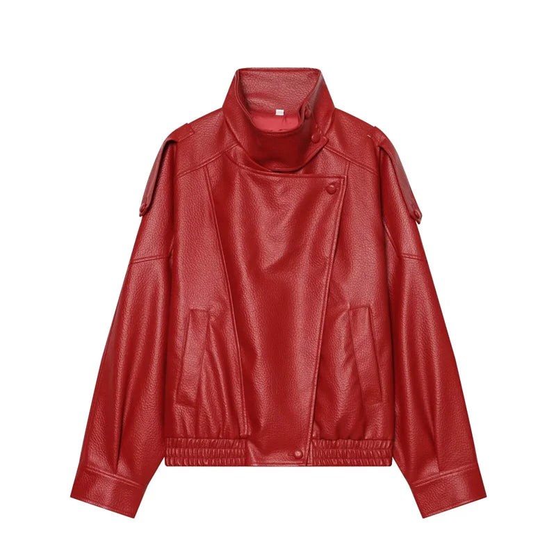 Women's Stand Collar Faux Leather Jacket for Layered Outfits