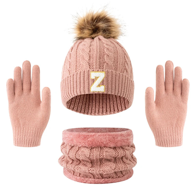 Children's Letter Knitted Hat Scarf and Gloves Set for Winter Wear