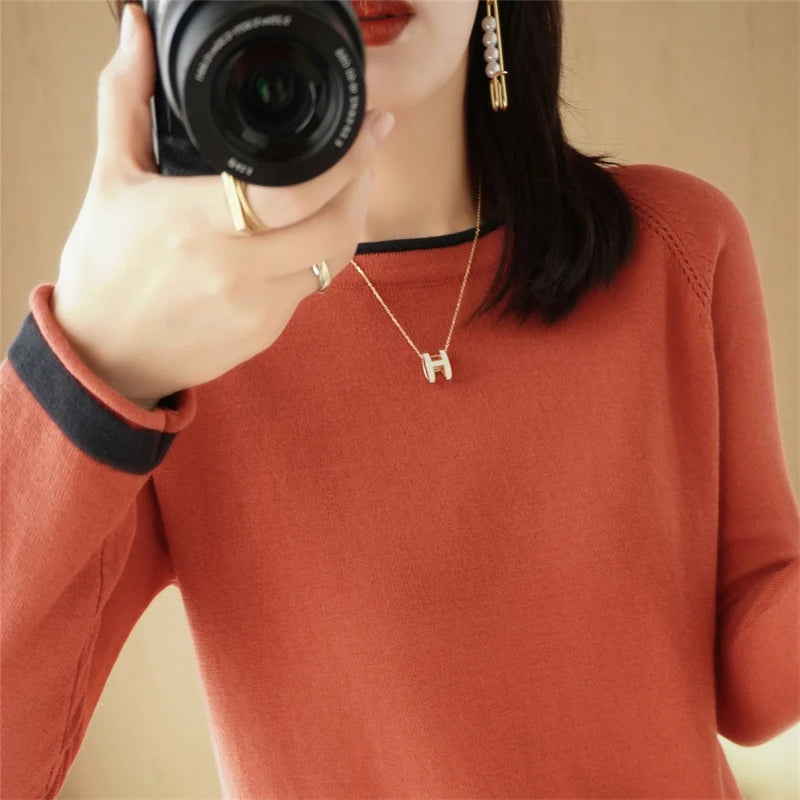Women's Crew Neck Contrast Stripe Trim Sweater Casual Knit Layer