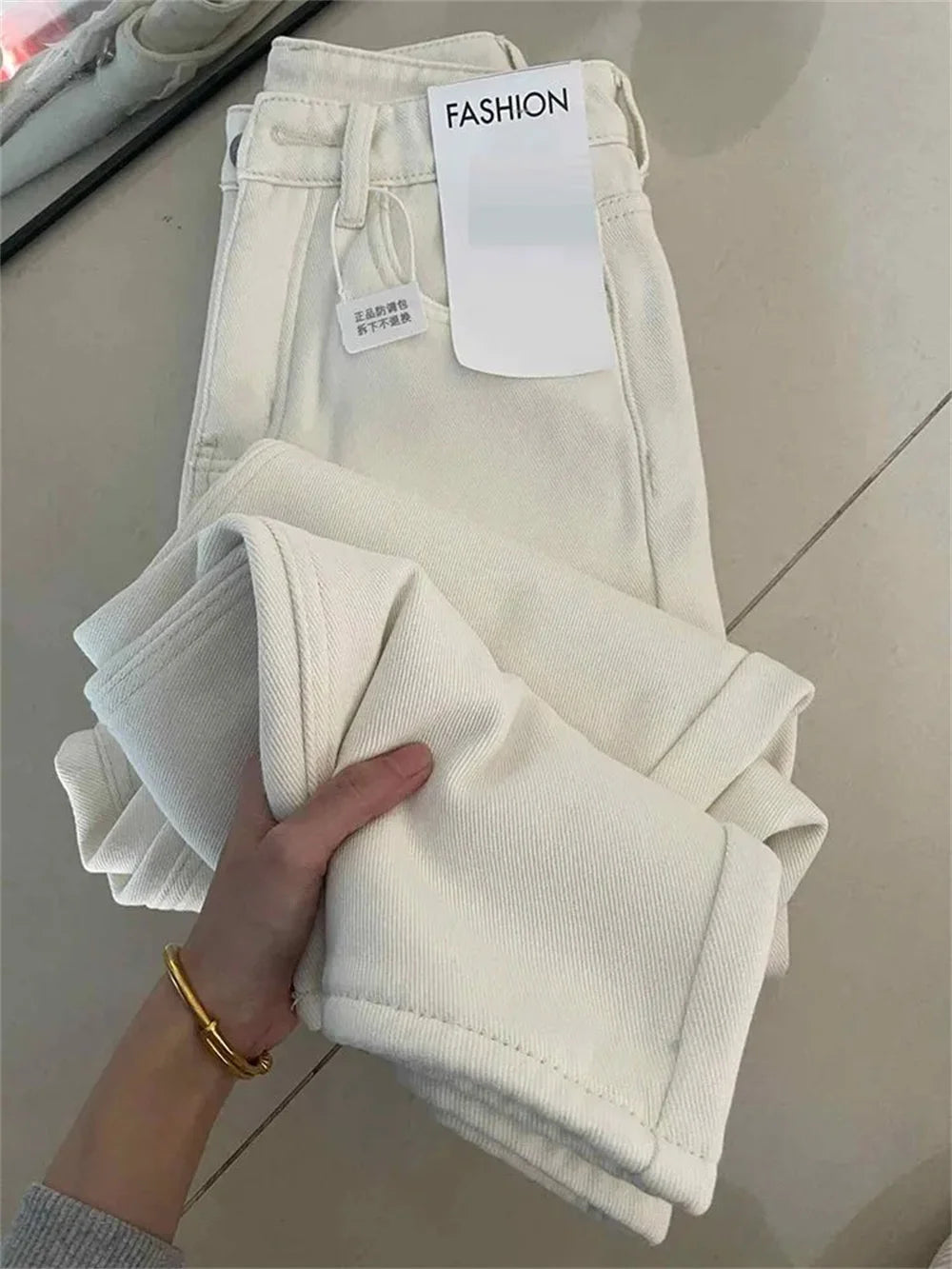 Women's White Fleece Lined Straight Leg Denim Jeans