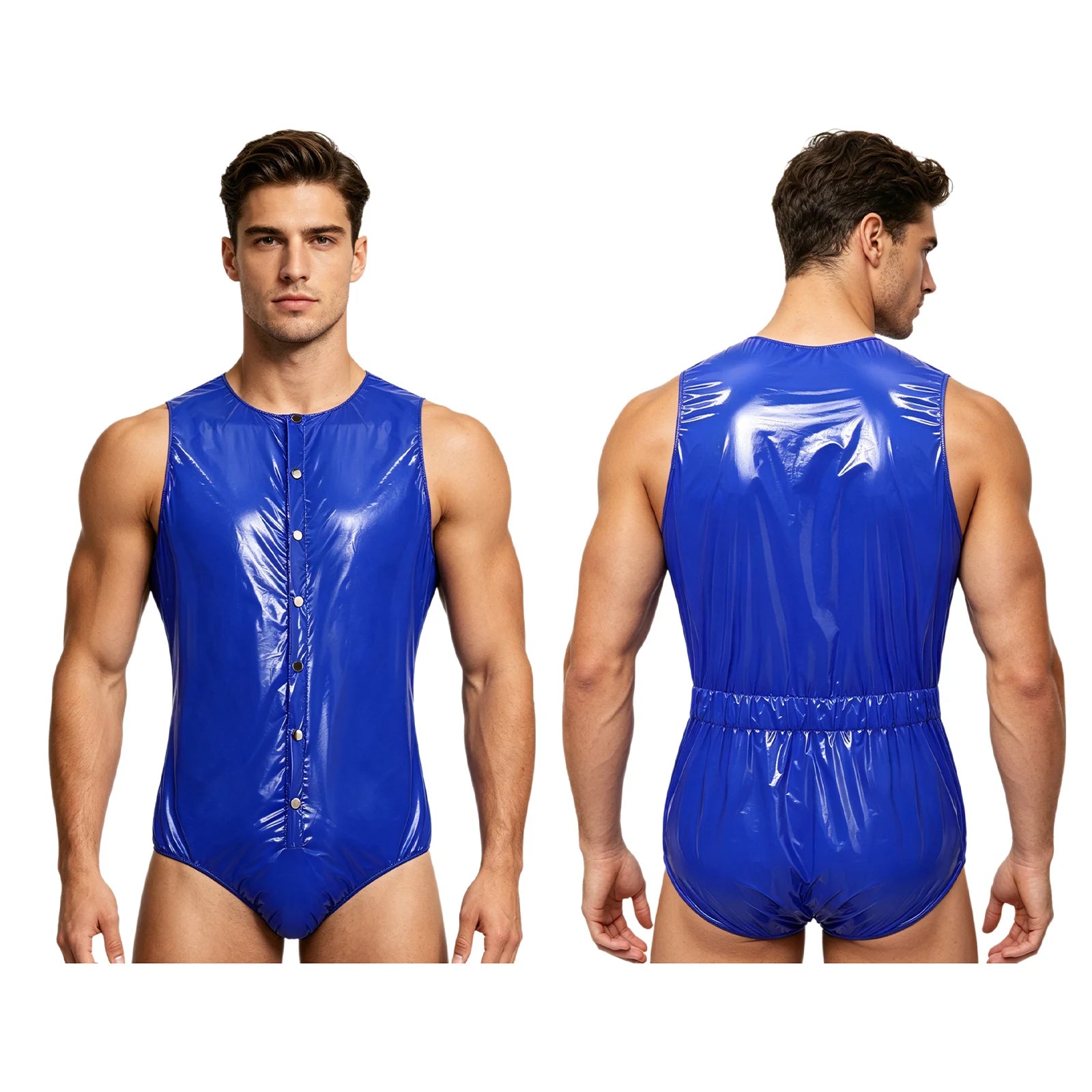 Men's One-Piece Swimsuit with Back Zipper and Crotch Button Details
