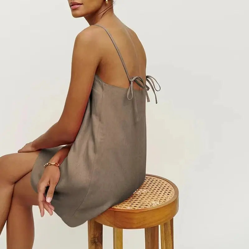 Women's Cotton-Linen Sleeveless A-Line Mini Dress with Straps and Back Tie Detail