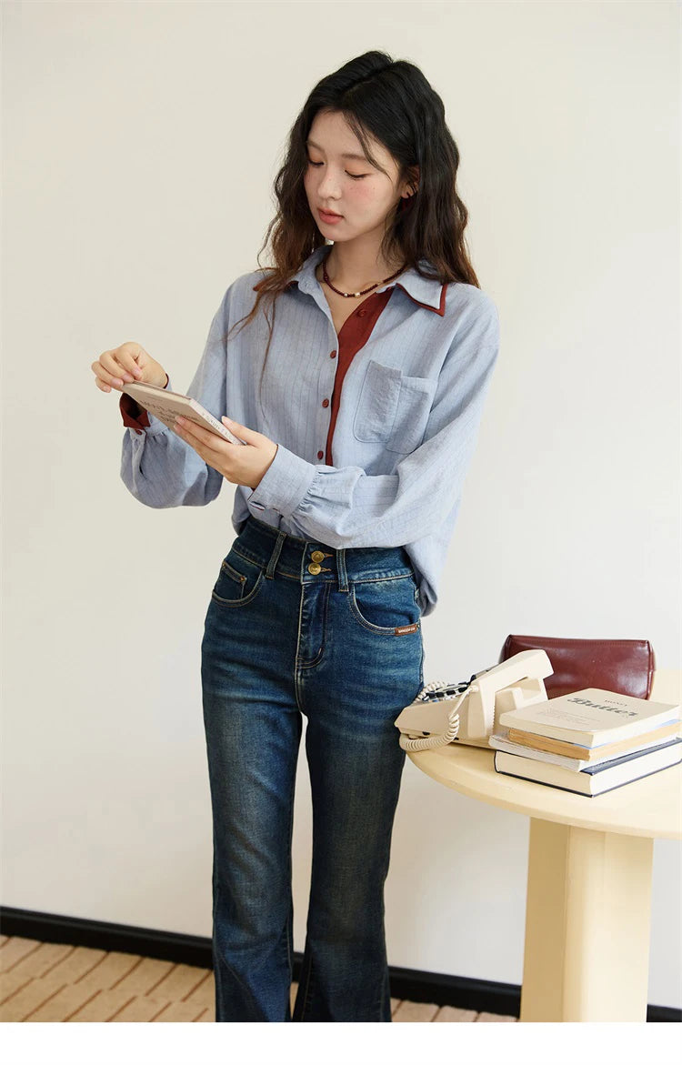 Women's Striped Shirt with Contrast Collar and Buttons
