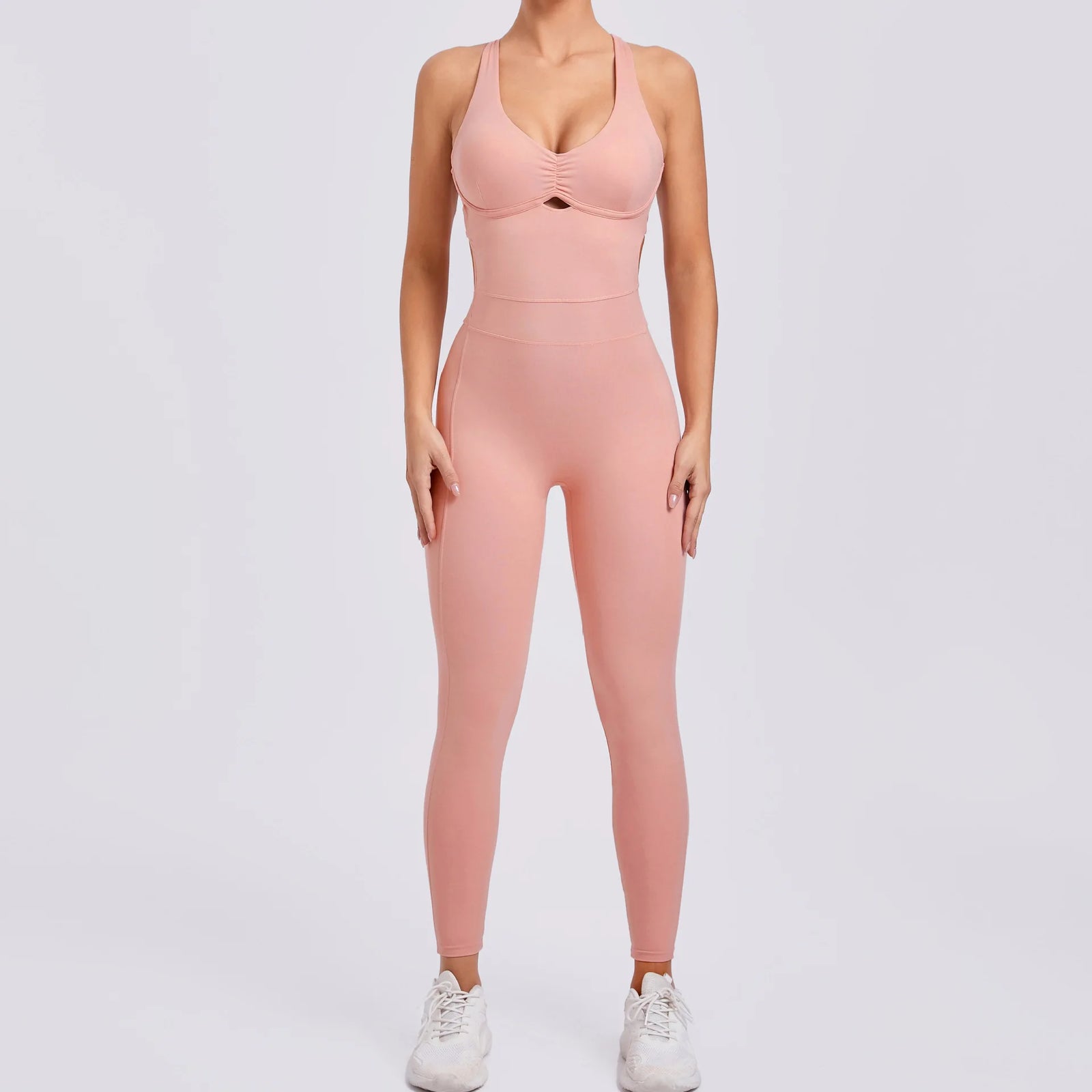 Women's Sleeveless Nylon Blend Workout Jumpsuit with Front Keyhole and Fitted Legs