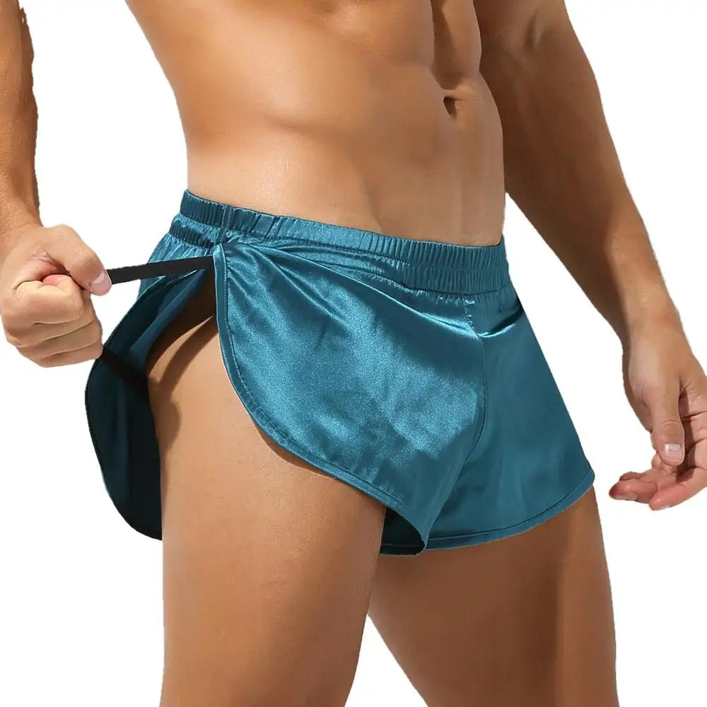Men's Satin Look Split Hem Elastic Waist Sleep Shorts