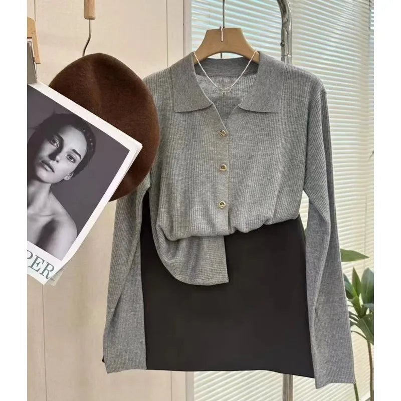 POLO lapel cashmere knit cardigan women's spring and autumn thin loose sweater short wool coat