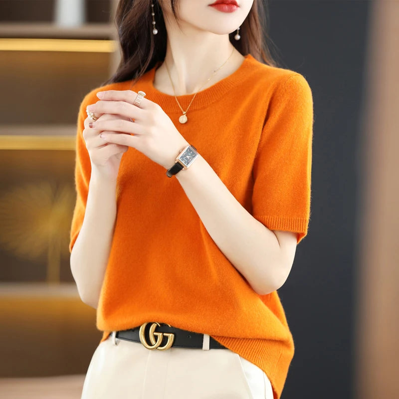 Women's Crew Neck Short Sleeve Sweater Casual Knit Layer
