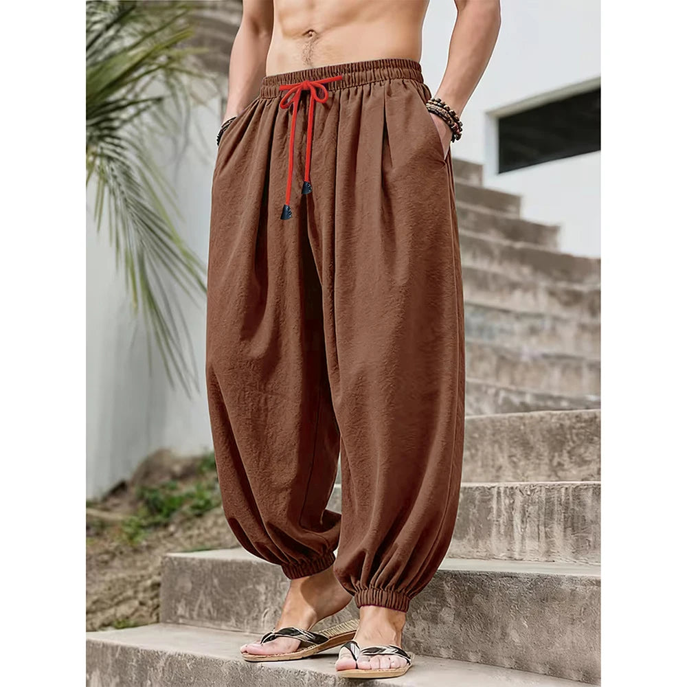 Men's Loose-Fit Cotton-Linen Harem Pants with Elastic Waist and Gathered Cuffs