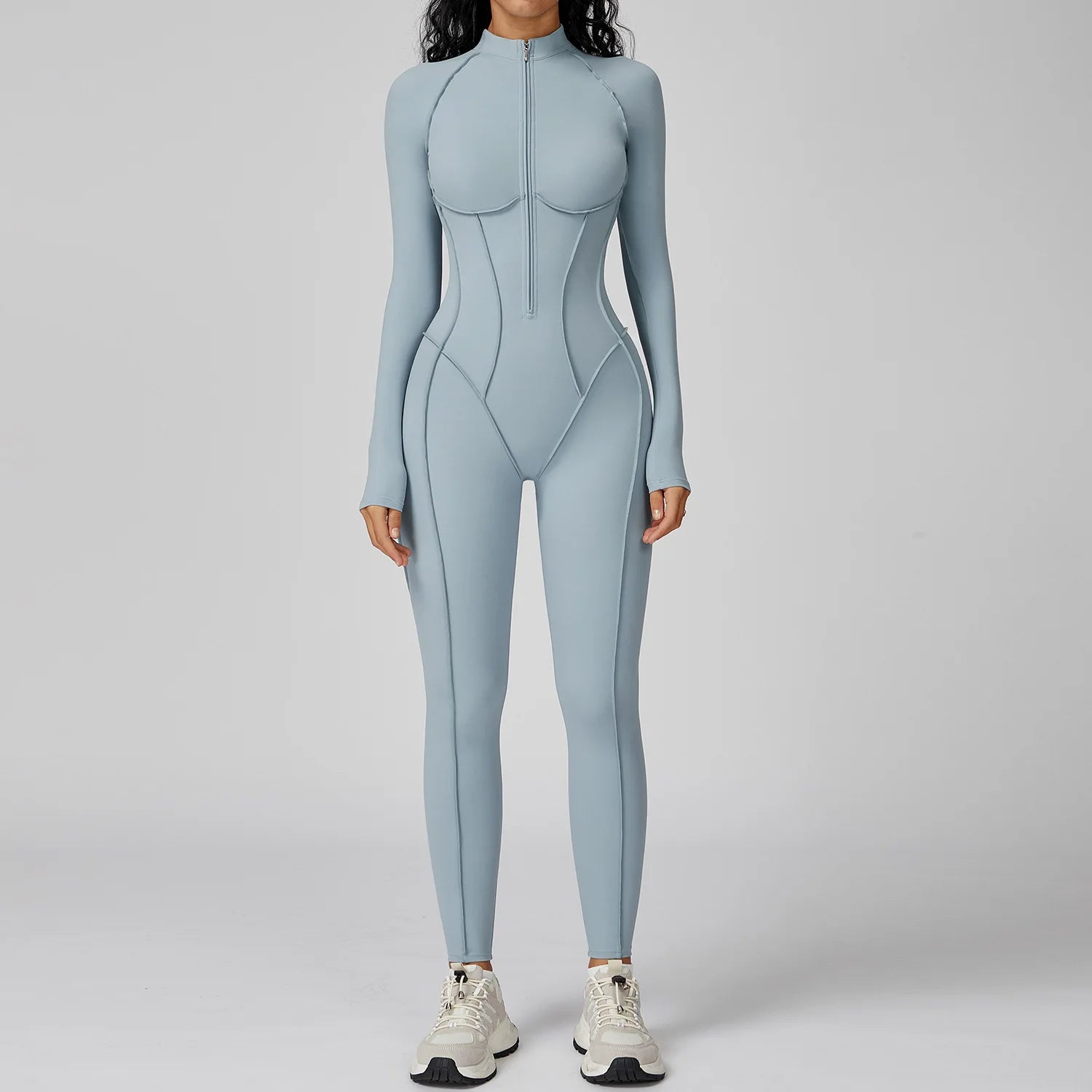 Women's Long Sleeve Nylon Blend Zip Front Workout Jumpsuit with Contour Seams