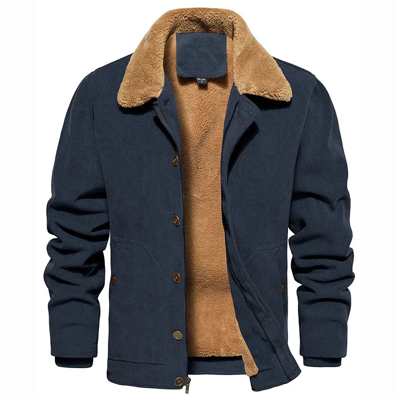 Men's Winter Corduroy Jacket Fleece Warm Lined Cargo Work Jacket Casual Thick Sherpa Collar Trucker Deck Navy Coats