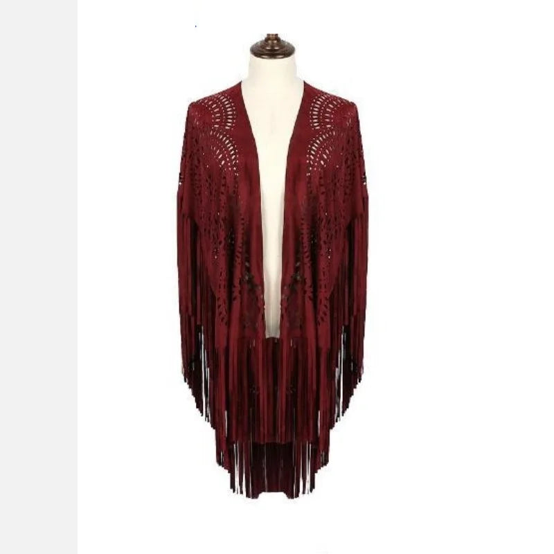 Floral Cutout Long Fringe Cape for Layering over Outfits