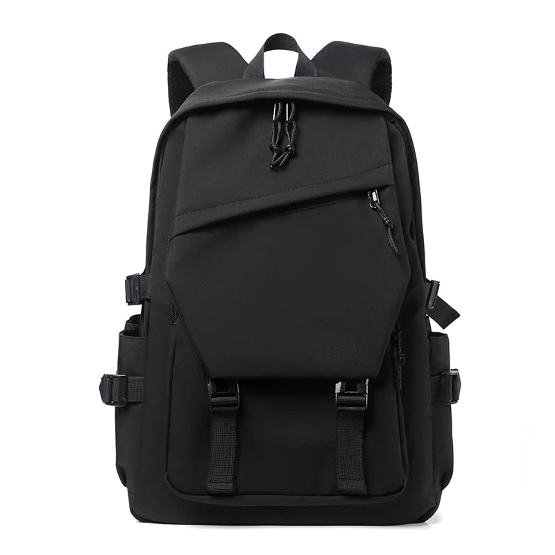 Plain Laptop Backpack with Front Pockets and Side Buckle Strap Details