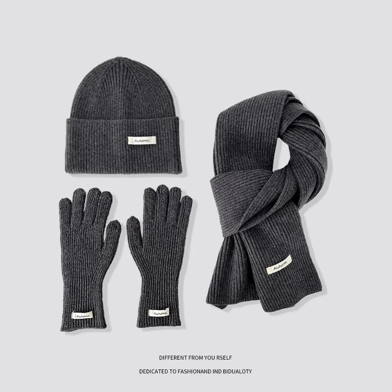 Women's Solid Knitted Hat Scarf and Gloves Set for Winter Outfits