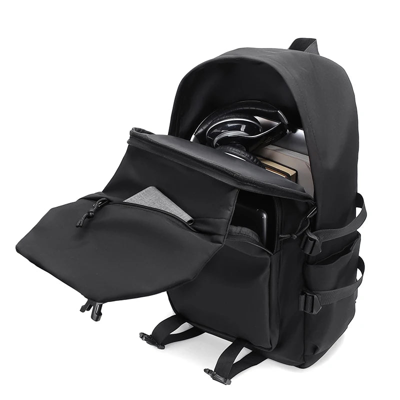 Plain Laptop Backpack with Front Pockets and Side Buckle Strap Details