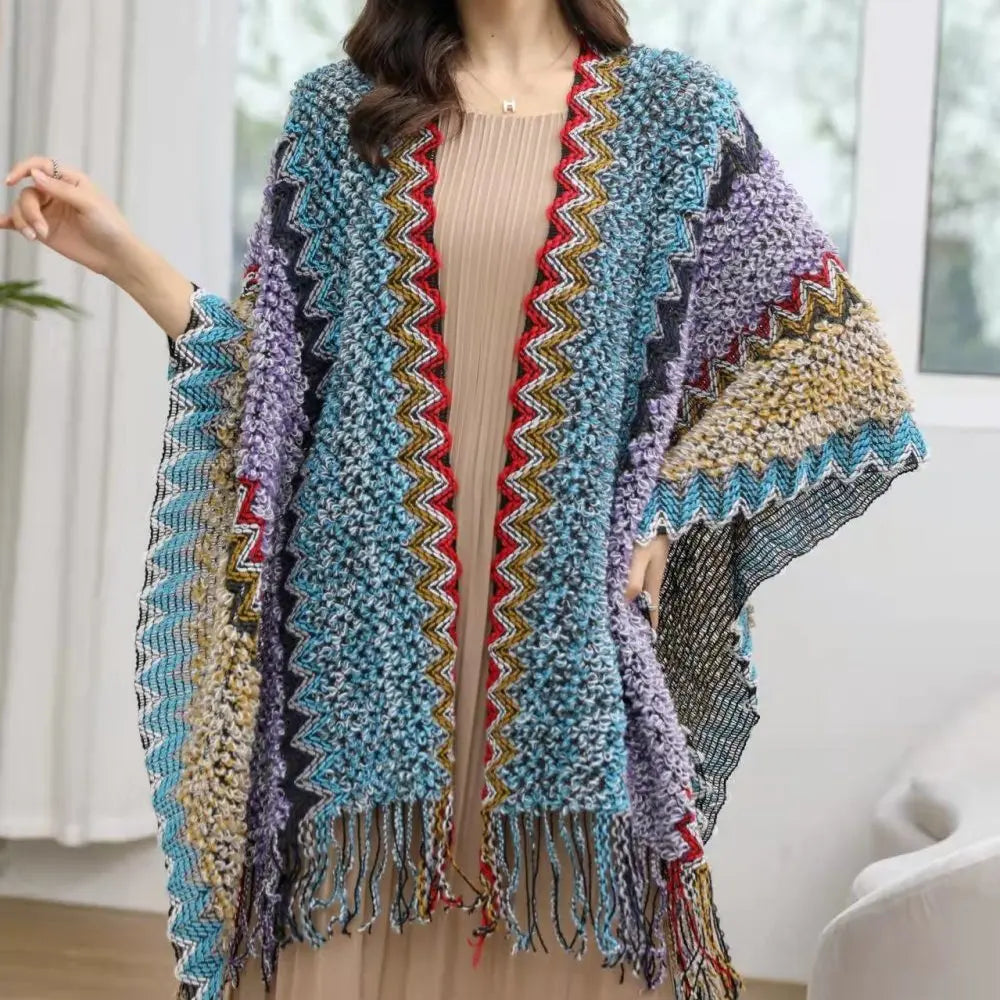 Zigzag Knit Fringe Poncho for Layering over Outfits