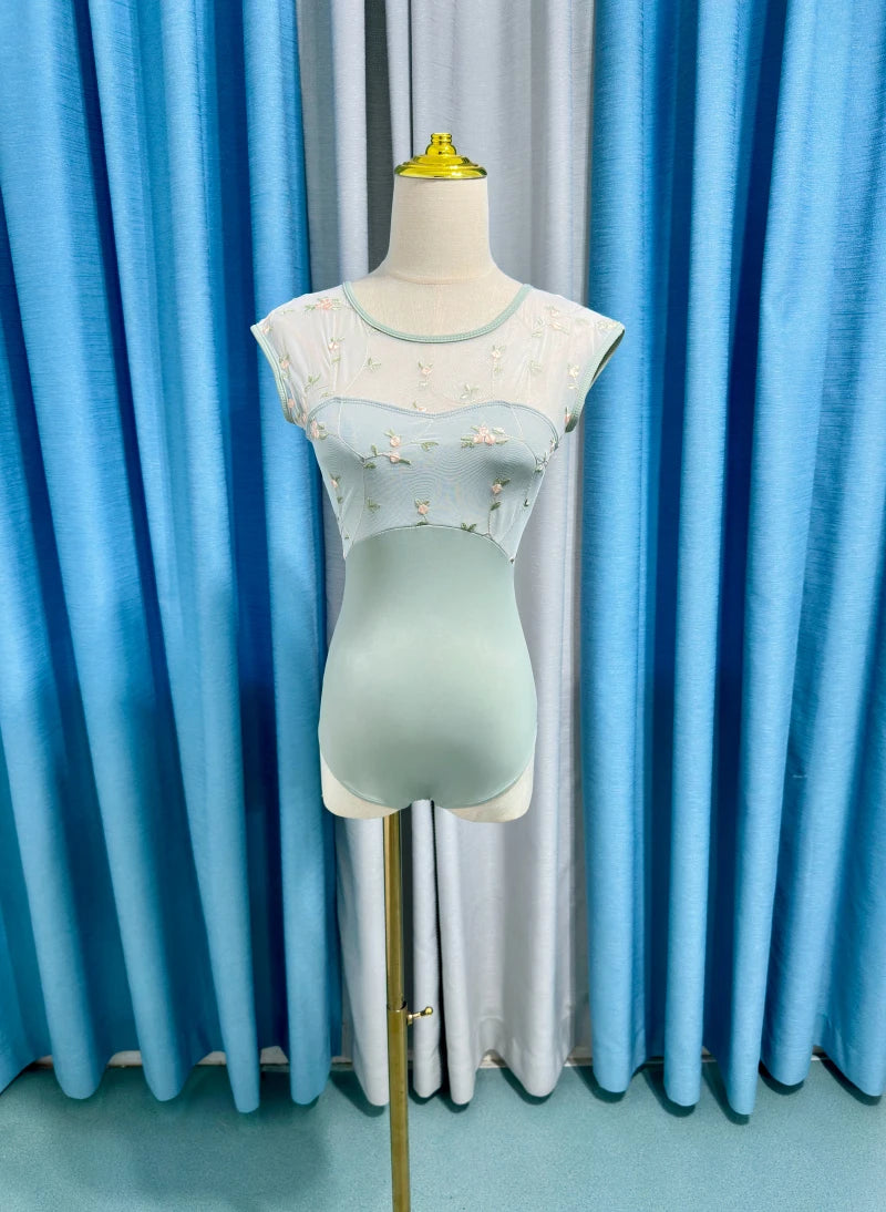 Women's Floral Embroidered Ballet Leotard with Mesh Upper and Open Back