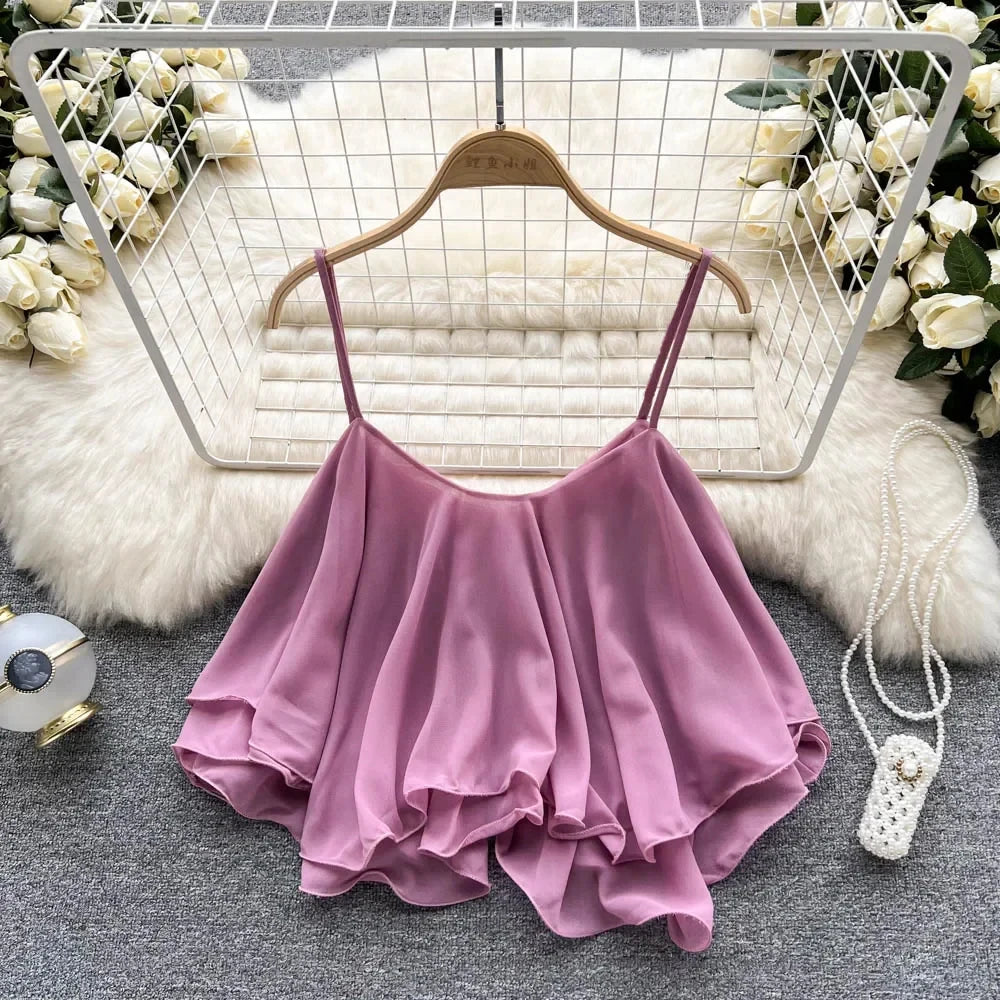 Women's Solid Polyester Ruffle Crop Camisole with Thin Shoulder Straps