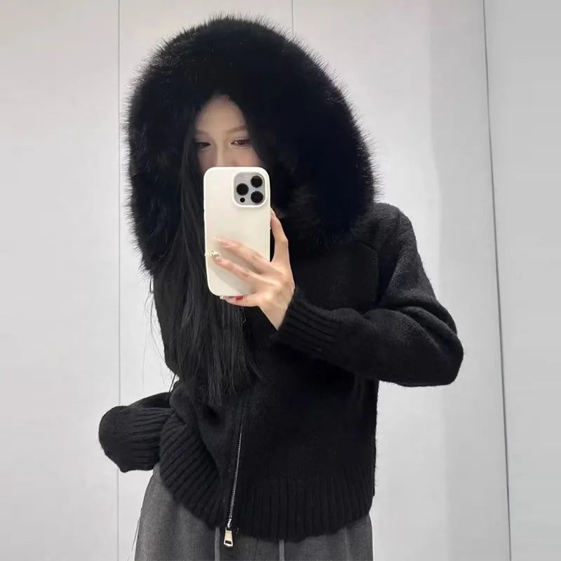 Women's Hooded Zip Front Fluffy Trim Jacket Casual Knit Layer