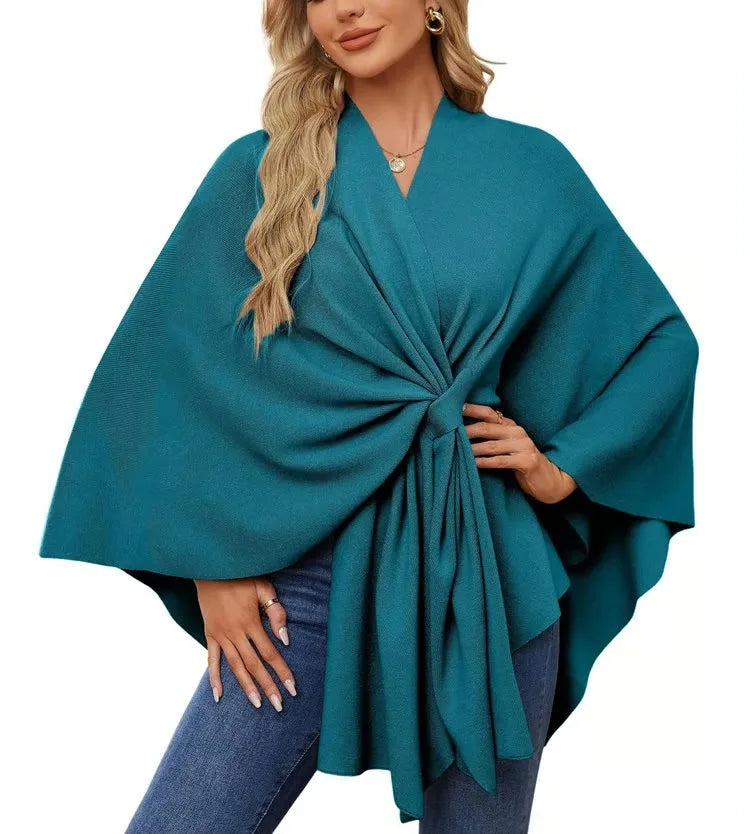 Ribbed Open Front Drape Poncho for Layering over Outfits