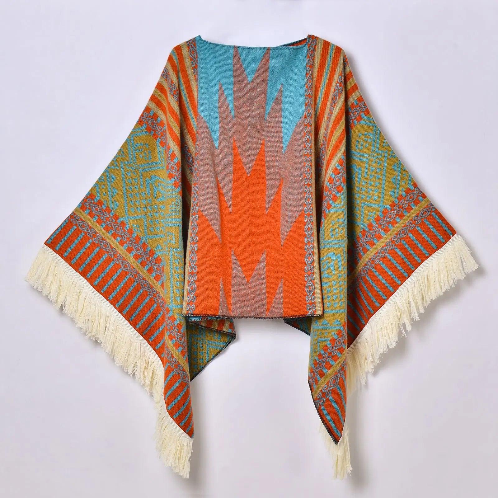 Geometric Pattern Fringe Poncho for Layering over Outfits