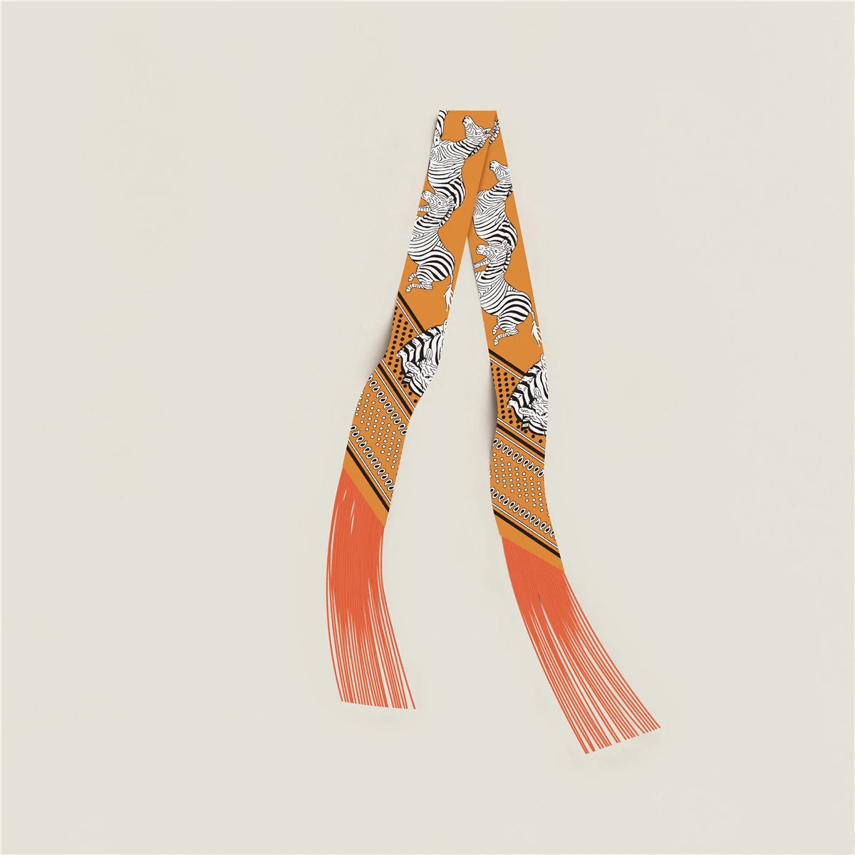 Printed Narrow Ribbon Scarf with Decorative Fringed Ends