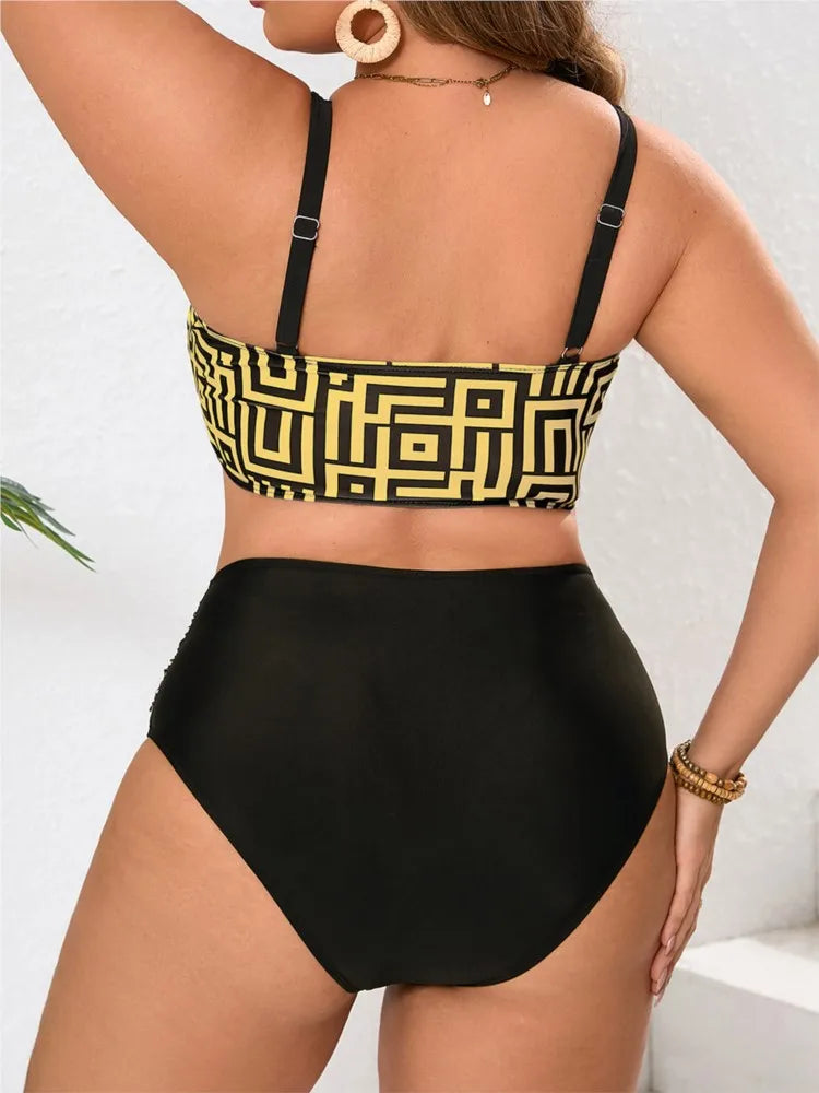 Women's Geometric Print Crop Top and High Waist Bikini Set