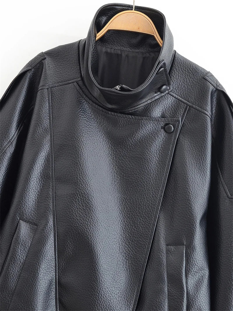 Women's Stand Collar Faux Leather Jacket for Layered Outfits