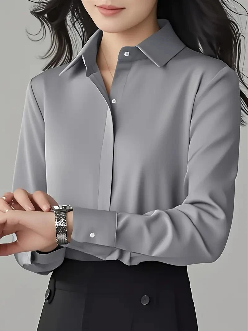 Women's Solid Long-Sleeve Button-Front Collared Regular-Fit Blouse for Everyday and Office Outfits