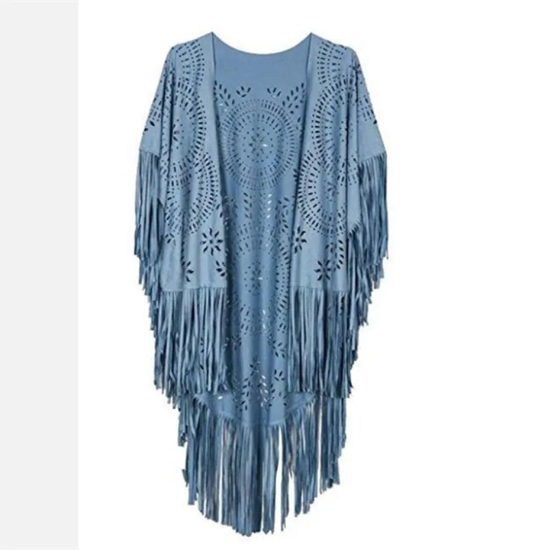 Floral Cutout Long Fringe Cape for Layering over Outfits