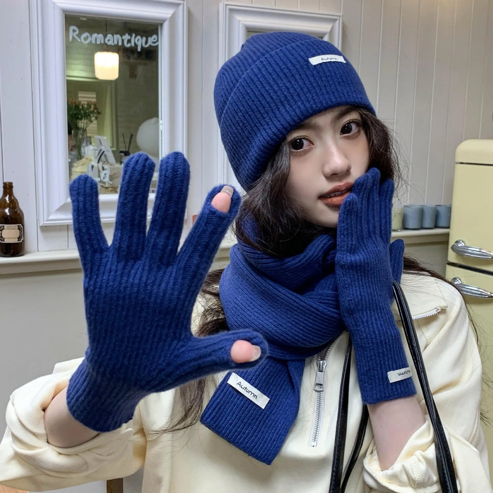 Women's Knitted Hat Scarf and Touchscreen Gloves Set for Winter Wear