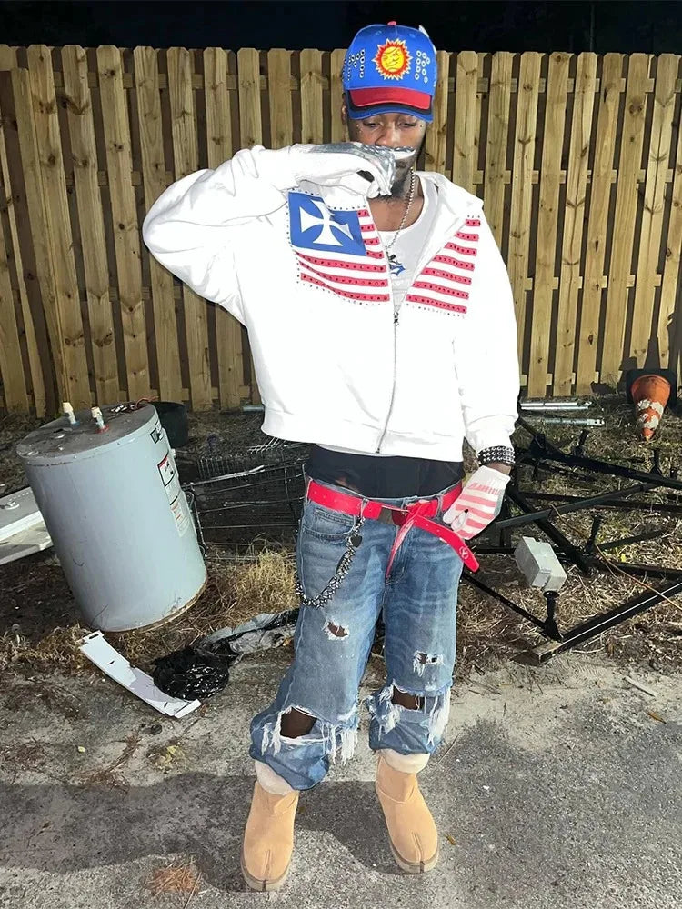 Men's Flag-Graphic Long-Sleeve Zip-Front Hoodie
