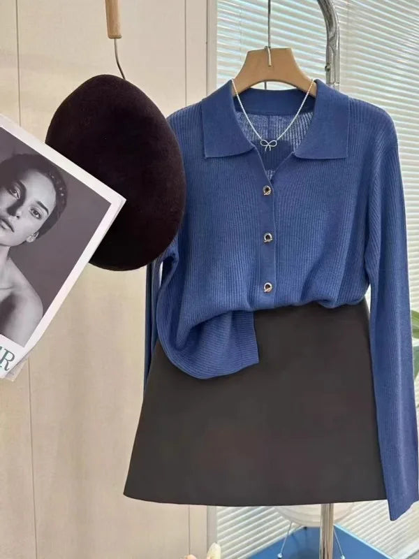 POLO lapel cashmere knit cardigan women's spring and autumn thin loose sweater short wool coat