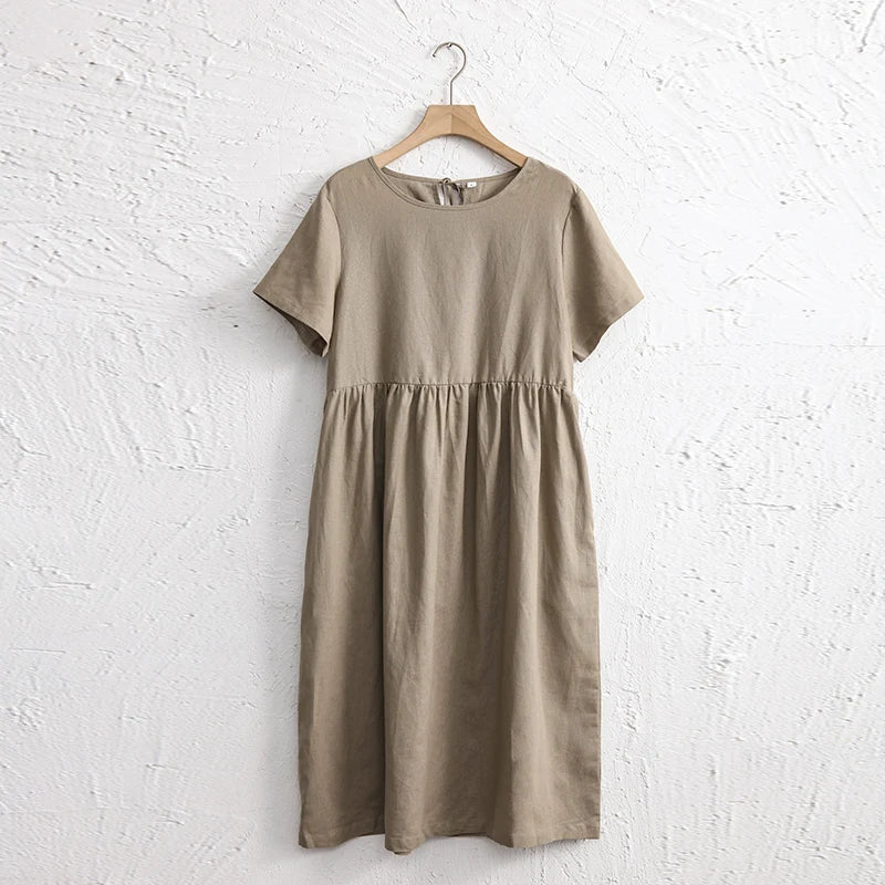 Women's Cotton-Linen Short-Sleeve Round-Neck A-Line Midi Dress with Pockets for Casual Outfits