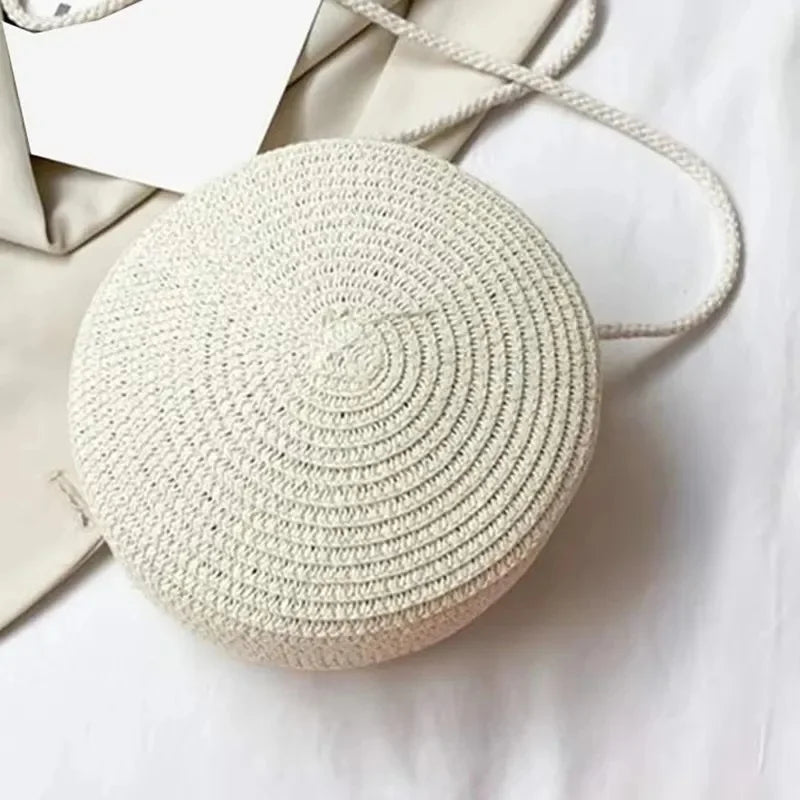 Round Woven-Look Crossbody Shoulder Bag with Zipper for Everyday Outfits
