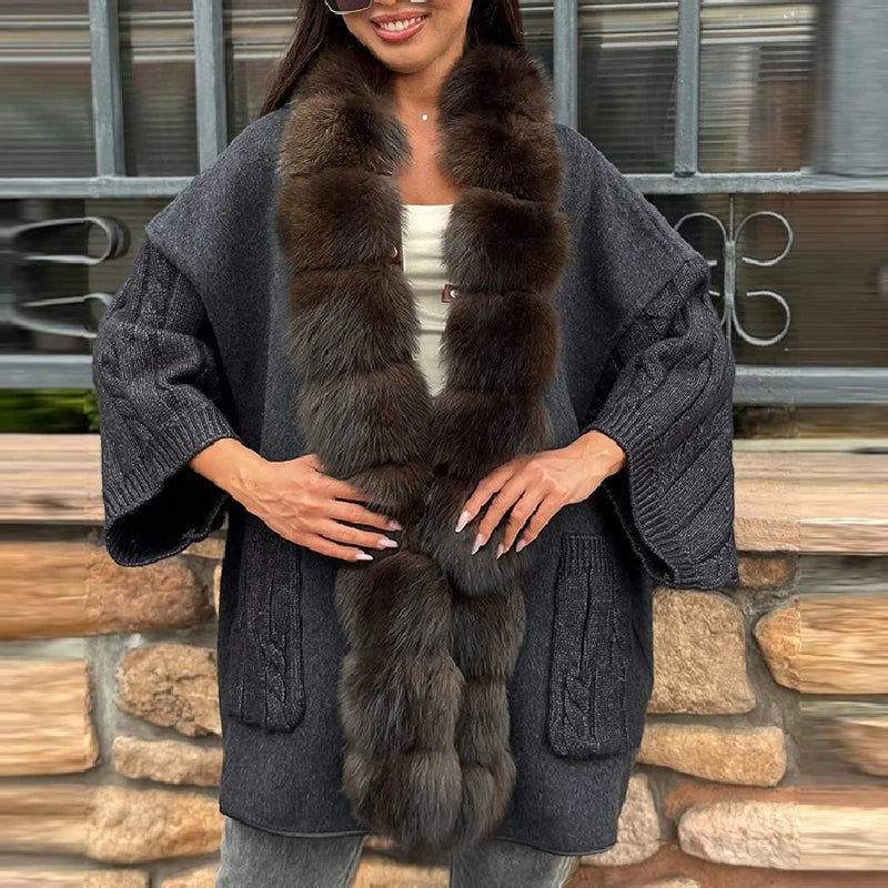 Cable Knit Plush Collar Poncho for Layering over Outfits