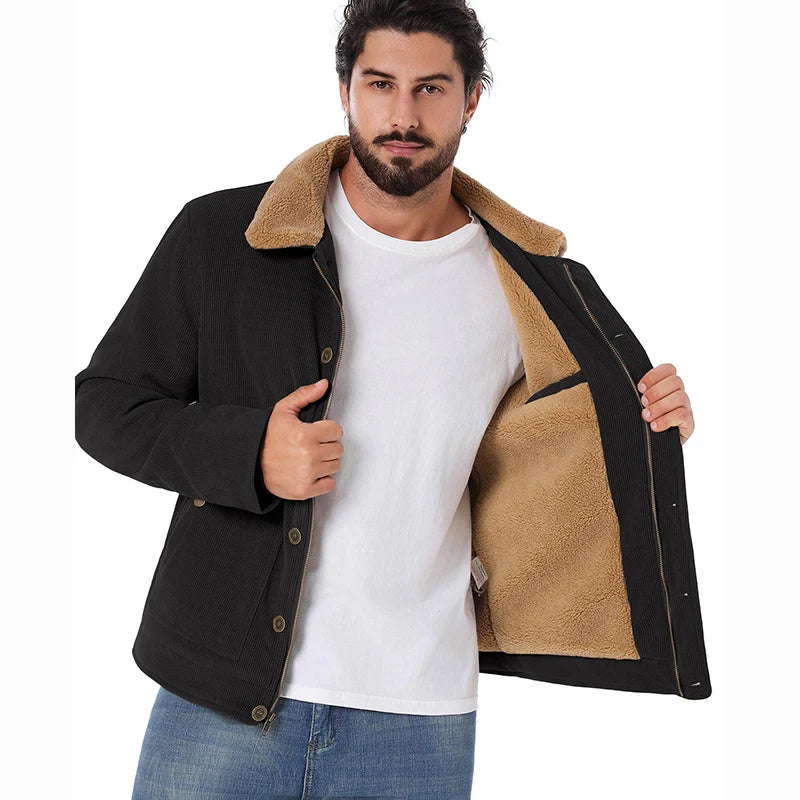 Men's Winter Corduroy Jacket Warm Fleece Lined Cargo Work Coat Casual Thick Sherpa Collar Trucker Deck Navy Jackets