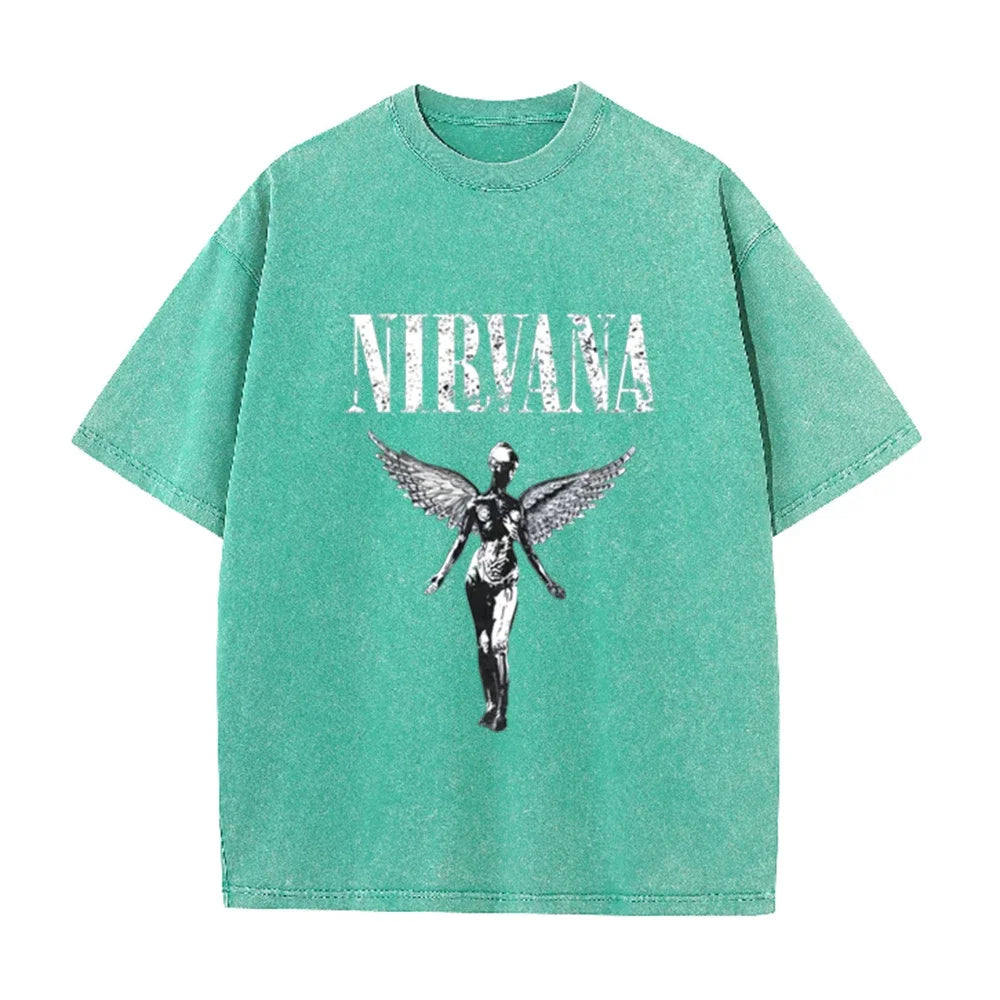 Vintage Distressed Washed Tee Nirvana Grunge Rock Silver Angel Skeleton Print Loose Fit Short Sleeve T Shirts