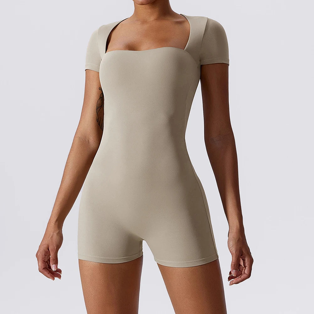 Women's Short Sleeve Nylon Blend Workout Romper with Square Neck