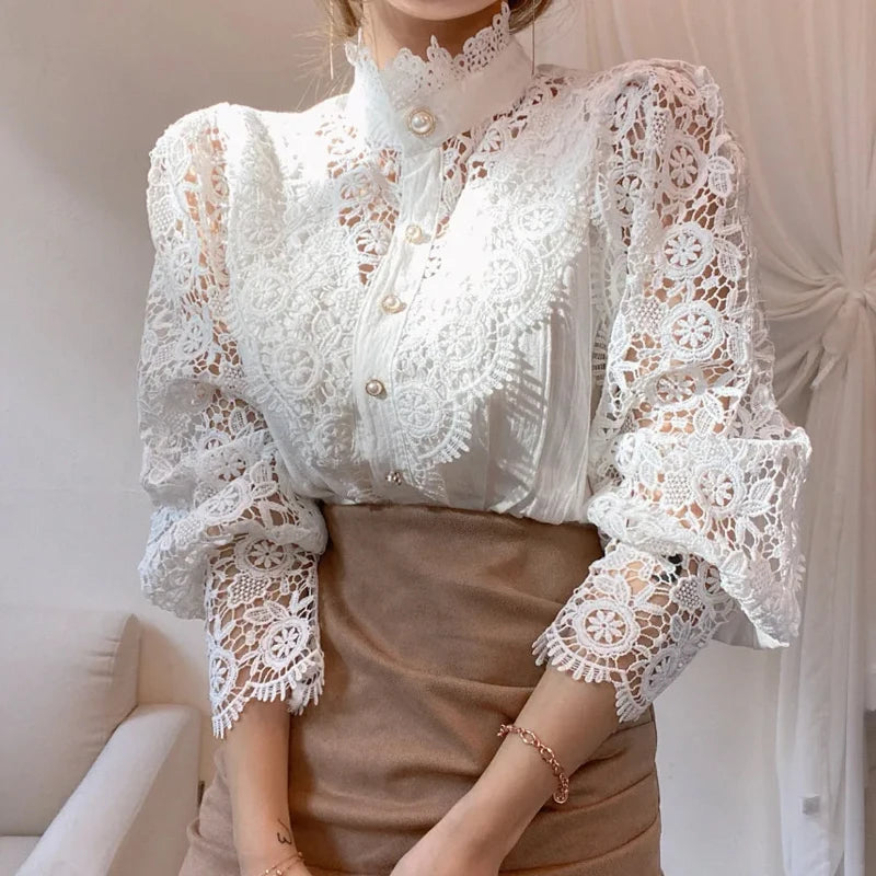 Women's Lace Stand Collar Long Sleeve Button Front Blouse