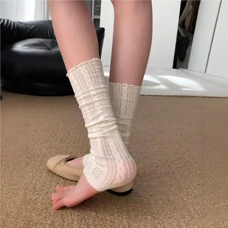 Sheer Ribbed Leg Warmers with Ruffled Cuffs and Stirrup Openings