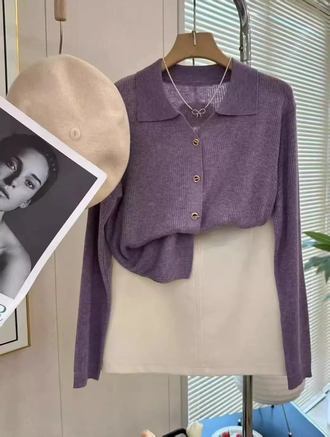 POLO lapel cashmere knit cardigan women's spring and autumn thin loose sweater short wool coat