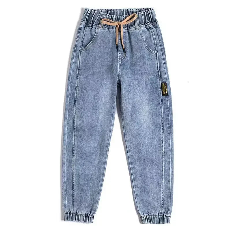Women's Drawstring Elastic Waist Cropped Cuffed Denim Jeans