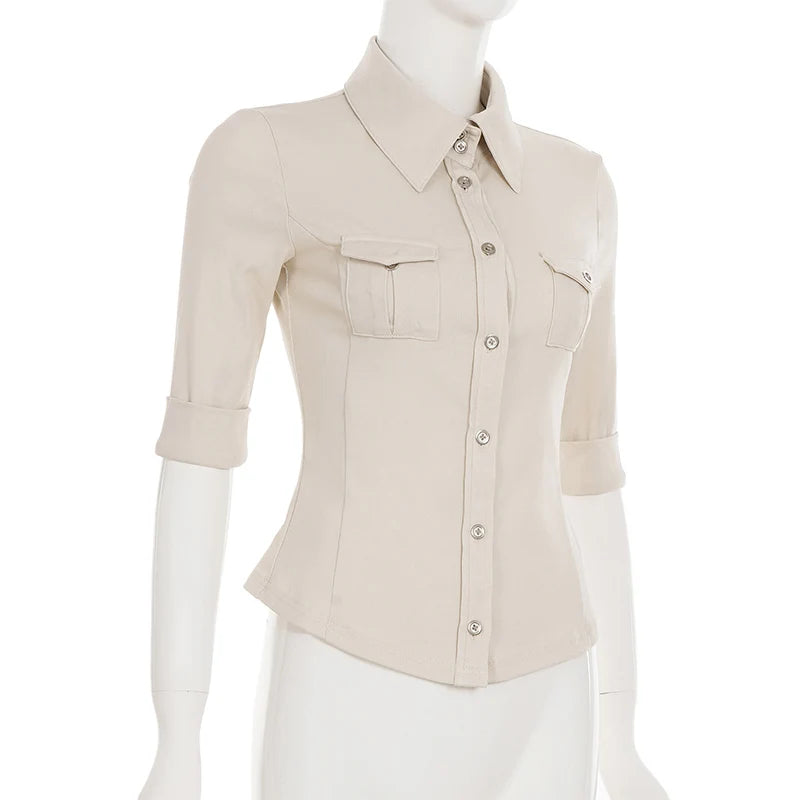 Women's Fitted Half Sleeve Double Pocket Shirt